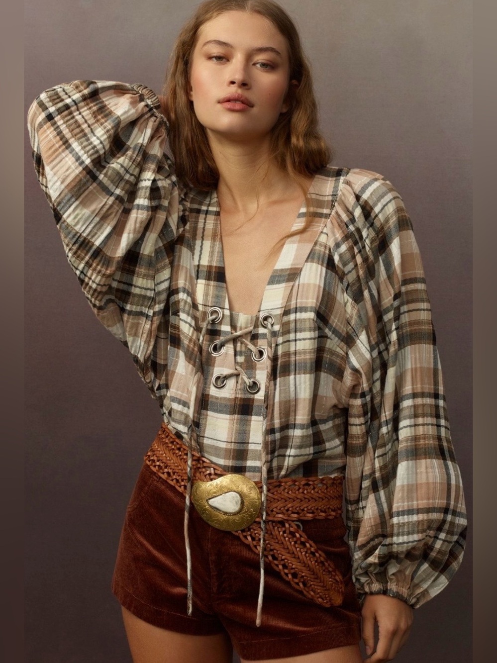 By Anthropologie Long-Sleeve Lace-Up
Dolman Blouse - Neutral Pattern